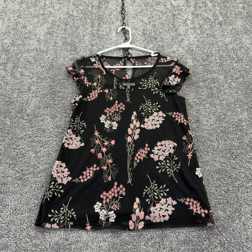 Maurices Blouse Womens Small Black Floral Embroidered Mesh Flutter Sleeve Top